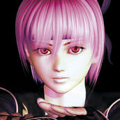 Portrait render of Ayane looking towards the viewer against a black background, taken from the Japanese box art for the game Dead or Alive 3. It's edited to be a pinkish-purple tone.